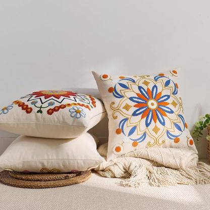 Embroidered Throw Pillow Cover 18x18 Classic Boho Floral Pattern Pillows Cover Outdoor Decorative Pillowcase,Durable Cozy Textured Cushion Case for Sofa Couch Bed Living Room,Orange Blue