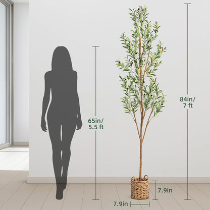 7ft Artificial Olive Tree with LED Fairy Lights & Woven Planter - Lifelike Faux Silk Plant with Realistic Leaves & Fruits and Natural Trunk for Indoor Home Office Living Room Bedroom Foyer Decor