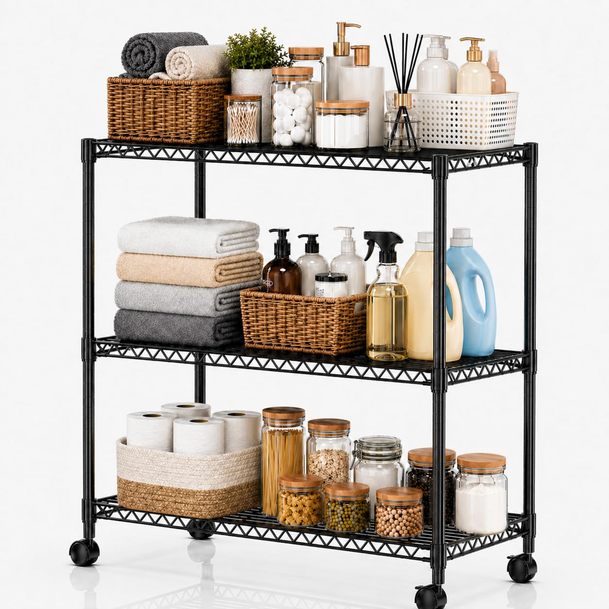 Simple Deluxe 3-Tier Heavy Duty Adjustable Storage Shelf with Wheels, 23.23”W x 13.39”D x 30.31”H