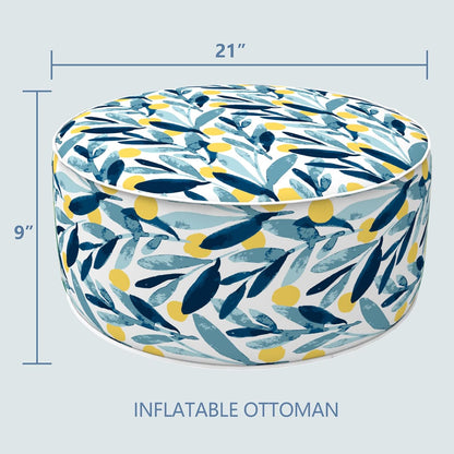 LVTXIII Outdoor/Indoor Inflatable Stool Ottoman, All Weather Patio Footrest Pouf, Portable Round Ottoman for Patio Garden, Camping or Home, D21xH9 Inches, Blue Leaves