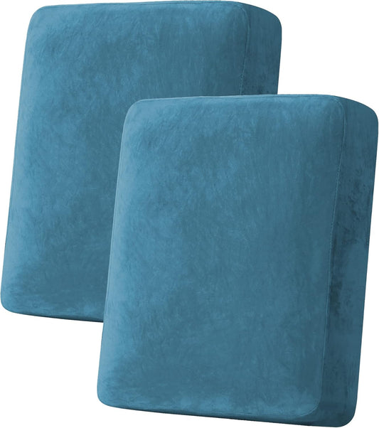 H.VERSAILTEX Velvet Stretch Couch Cushion Cover Plush Cushion Slipcover for Chair Loveseat Sofa Cushion Furniture Protector Seat Cushion Sofa Cover (2 Piece Medium Sofa Cushion Covers, Peacock Blue)