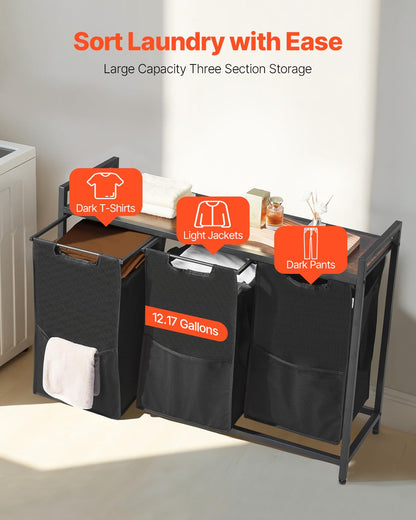 VEVOR 3 Section Laundry Sorter, Large Laundry Hamper with Metal Frame and Wooden Tabletop