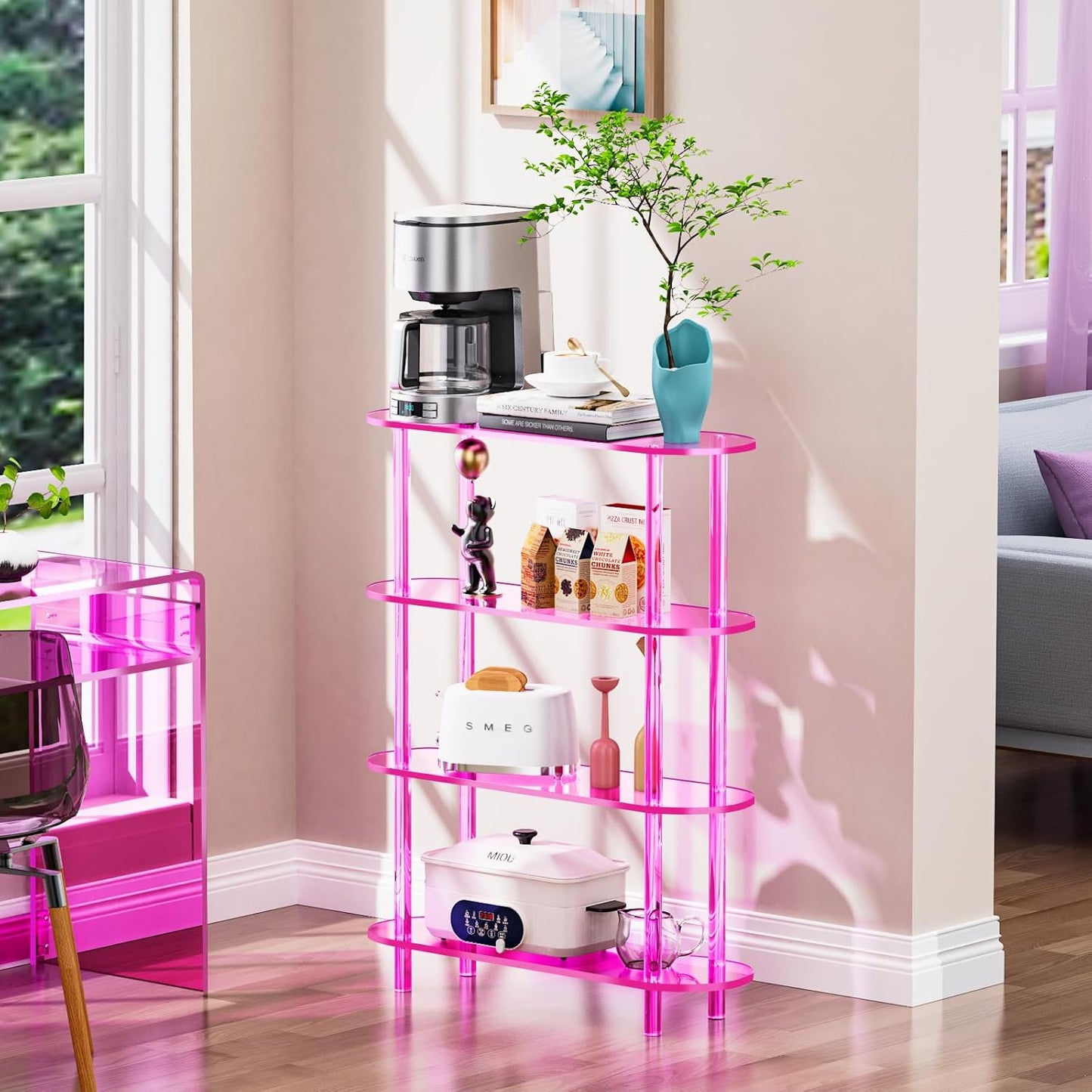 Clear Bookshelf, Acrylic Bookcase with Open Book Shelf Console Table for Entryway Office (4 Tier Pink)