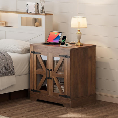 Farmhouse Side Table - 24" Large Night Stand Set 2, Wood Nightstand with Charging Station, Bedside Table with Adjustable Shelf, End Tables Living Room, Rustic Bed Side Tables Bedroom, Walnut