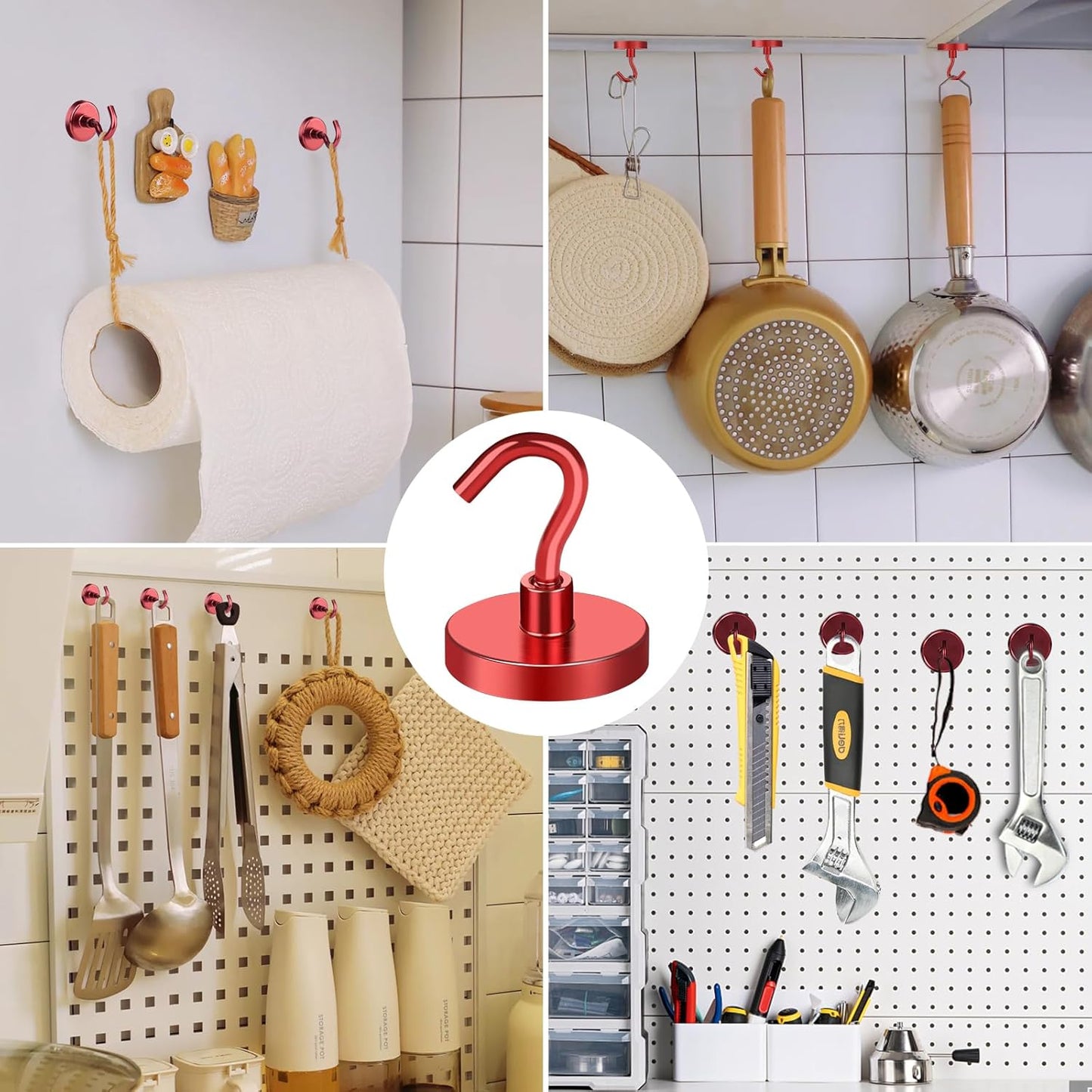 MIKEDE Strong Magnetic Hooks, 110Lbs Heavy Duty Magnetic Hooks for Cruise, Neodymium Earth Magnets with Hooks for Hanging, Super Metal Magnetic Hanger for Grill, Storage (Red,10 Pack)