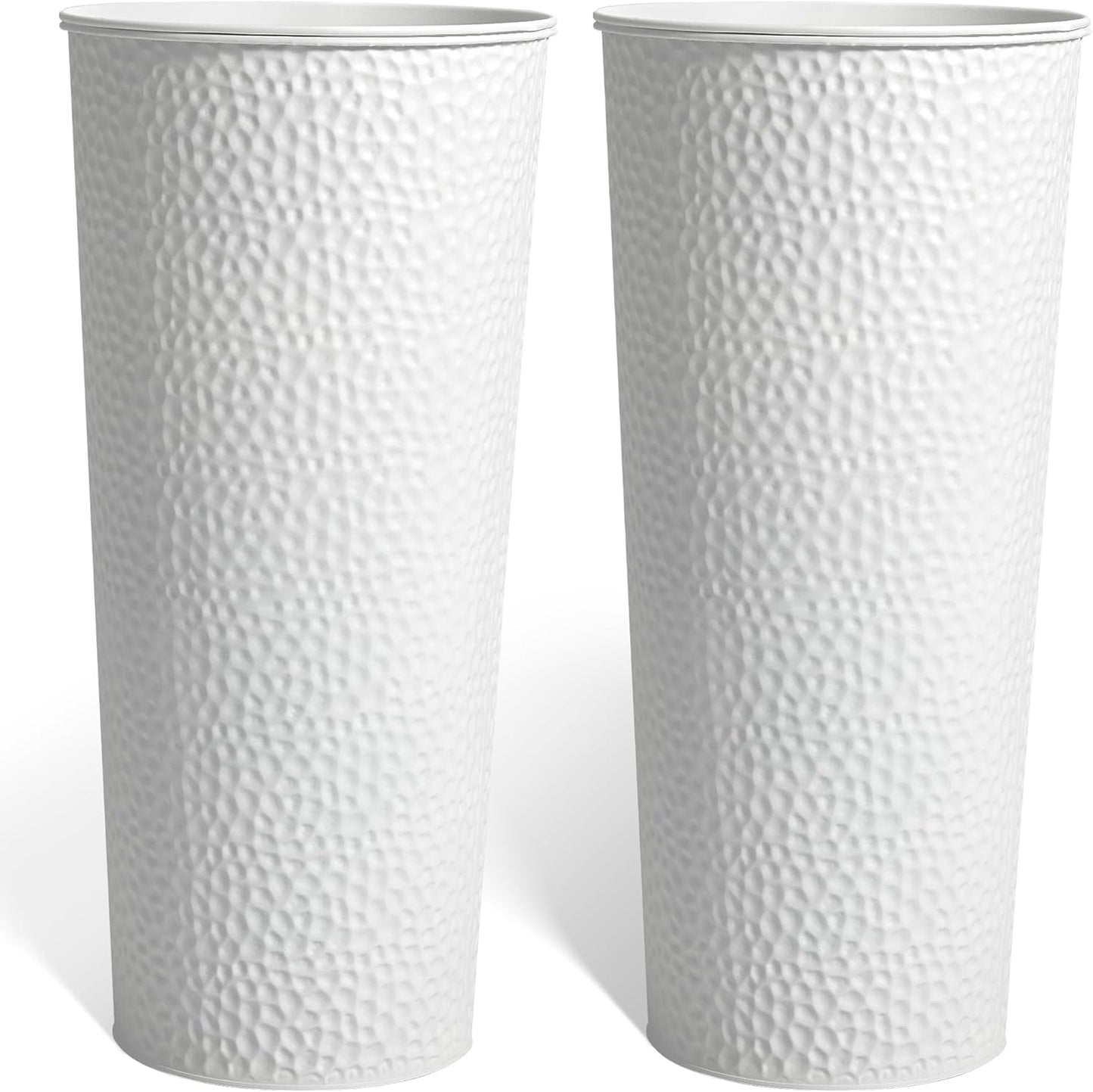 KOL 25" H. Metal Hand-Hammered Planters with Inner Pots 2-Pack, White Decor Planter for Deck, Patio, Porch - Galvanized Steel Handcrafted Flower Pot - w/Water Level Indicator - Indoor Outdoor Use