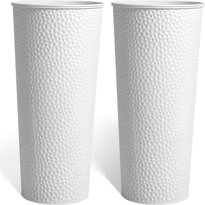 KOL 25" H. Metal Hand-Hammered Planters with Inner Pots 2-Pack, White Decor Planter for Deck, Patio, Porch - Galvanized Steel Handcrafted Flower Pot - w/Water Level Indicator - Indoor Outdoor Use