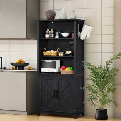70in Tall Bookshelf 5 Tier Bookcase with Barn Doors and Adjustable Shelves, Black Farmhouse Book Shelf with Storage Cabinet, Wood Freestanding Display Bookshelves for Bedroom, Living Room