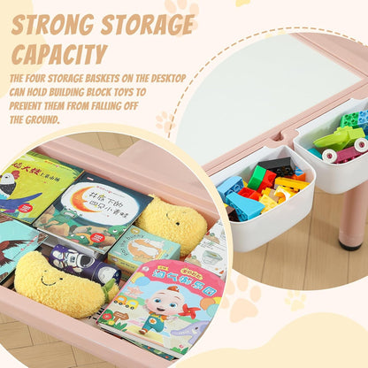 Multi Functional Kids Table and 2 Chairs Set, Graffiti & Building Blocks Double-Sided Tabletop, Toddler Play Table with Drawers, Large Storage Space, Gift for Boys/Girls, Pink
