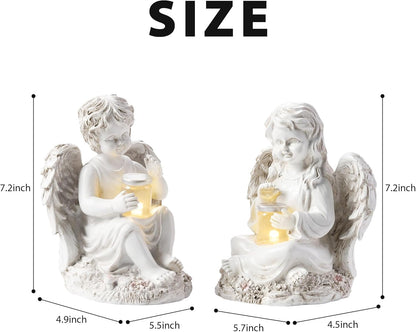 2 Pack Outdoor Angel Statue Garden Decor, Classic Solar Angel Figurine Decoration for Yard Art Indoor Porch Home Lawn Outside Light up Cherub Sculpture Guardian Wings Memorial Gifts