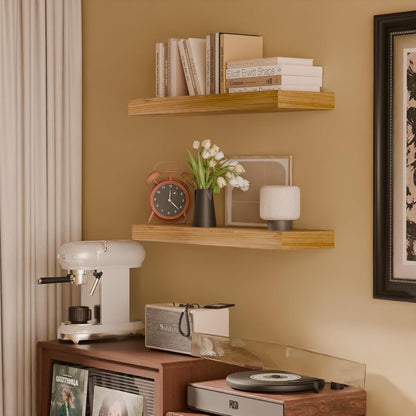 IAE Floating Wall Shelves 16 inch,Bathroom Shelves Wall Mounted,Invisible Shelves Floating Kitchen Shelves,Wooden Wall Shelves with Brackets for Living Room Wall Mounted,Easy Install,Set of 2,Natural
