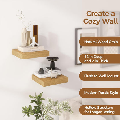 Fun Memories 12 Inch Floating Shelf, Rustic Wood Wall Shelves for Wall Decor & Storage, 12 x 12 Floating Shelf for Living Room, Bathroom, Bedroom, Oak, Set of 2