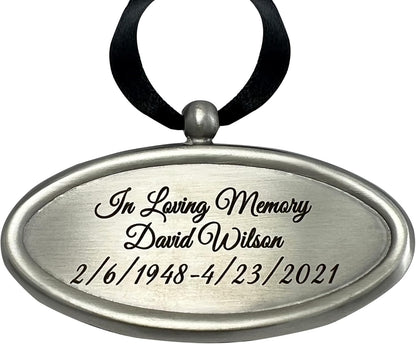 Personalized Engraved Name Tag for Urns - Customizable Plate for Cremation Urns - Engraved Hanging Plate in Silvery Tone with Satin Ribbon (Silvery Pendant)