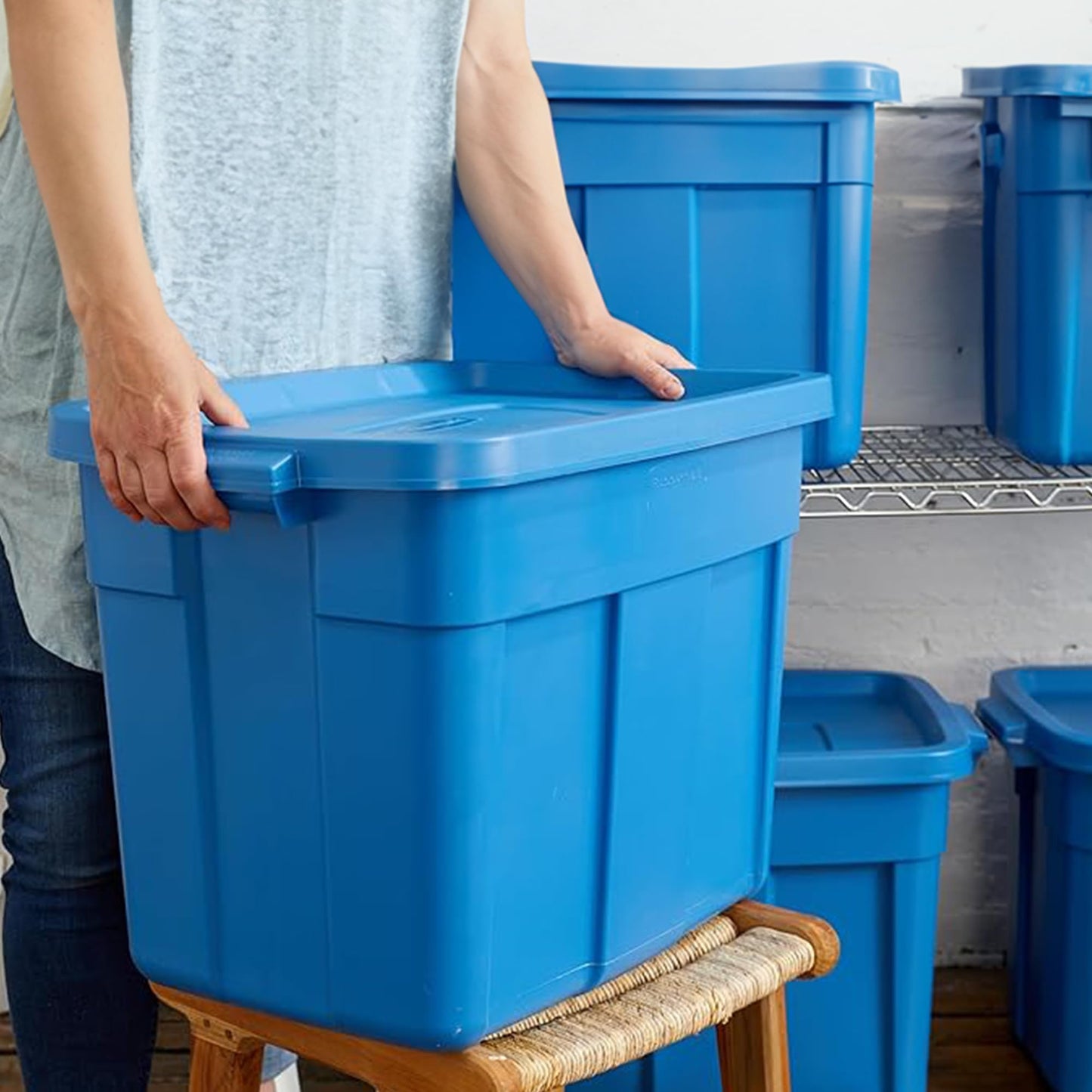 Rubbermaid Roughneck Tote 18 Gal, 6 Pack, Made in USA, Heritage Blue, Rugged Plastic Stackable