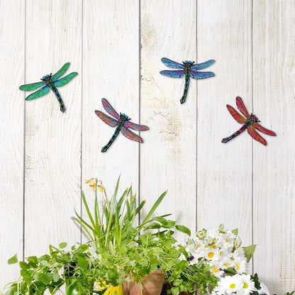 Metal Dragonfly Wall Decor Art, 4 Pack Colorful Metal Dragonflies Outdoor Wall Art, Hand Painted Outdoor Wall Decor for Garden, Yard, Fence, Patio, Outside, Living Room Decoration