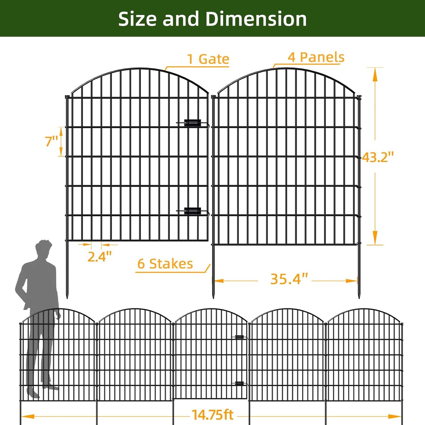 Metal Garden Gate and Fences Outdoor ECG1191, 1 Gate + 4 Fence Panels,43.2in Tall and Total Length 14.75ft, Heavy Duty Fencing for The Yard Privacy Temporary Animal Barrier for Dog, Black