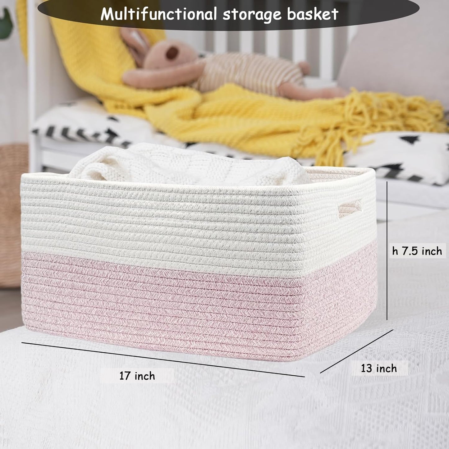 COMFY-HOMI Cotton Rope Woven Basket with Handles for Shelves,Toys,Book, Cloth Storage Baskets for Organizing-17" x 13" x 7.5" Toy Decorative Organizer for Living Room, Bathroom （white/pink）