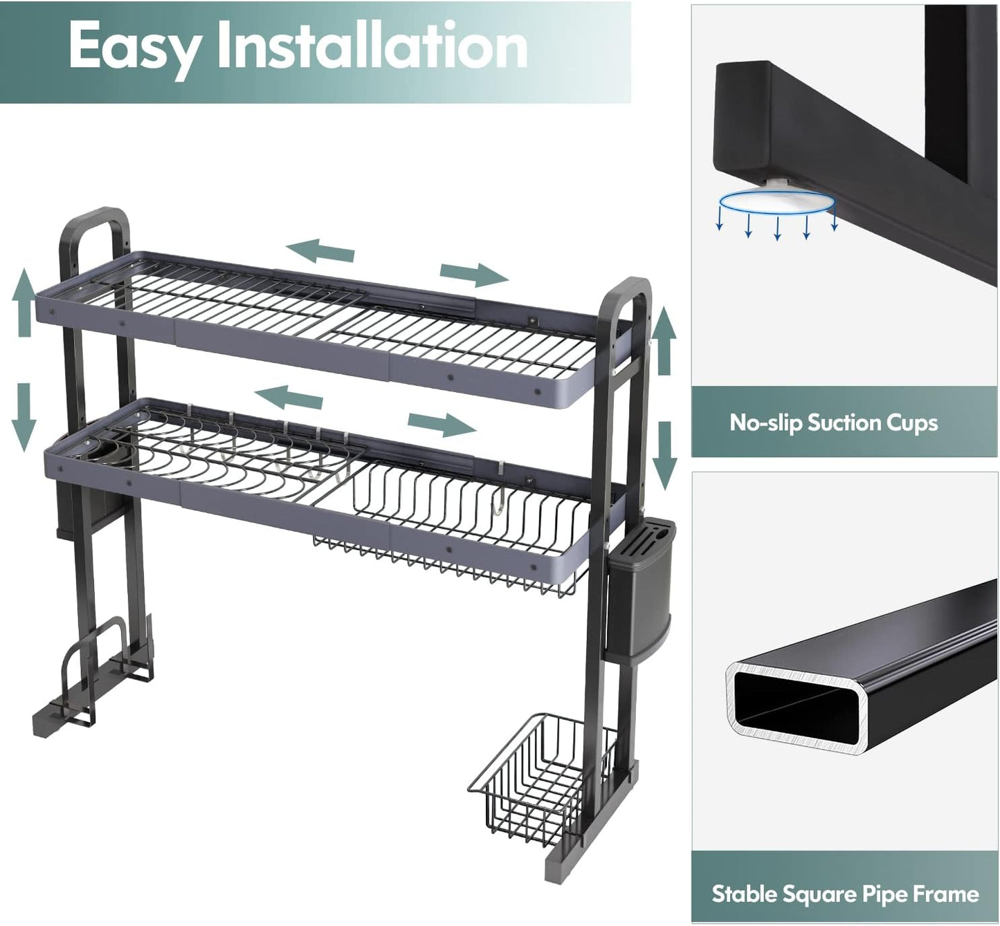 MAJALiS Over Sink Dish Drying Rack, Stainless Steel 2 Tier Large Dish Drainer Above Sink Adjustable 27.5" - 34.6", Expandable Kitchen Counter Organizer Storage Shelf with 6 Hooks
