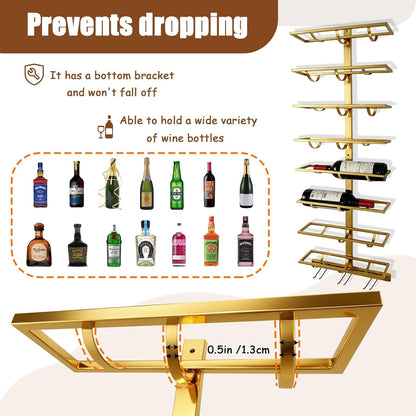 8 Bottle Wall Mount Wine Rack with Wine Glass Holder, Metal Wine Wall Rack, Wall Racks for Wine Bottles Display and Storage, Hanging Bottle Organizer for Living Dining Room Wine Cellar Bar (Gold)