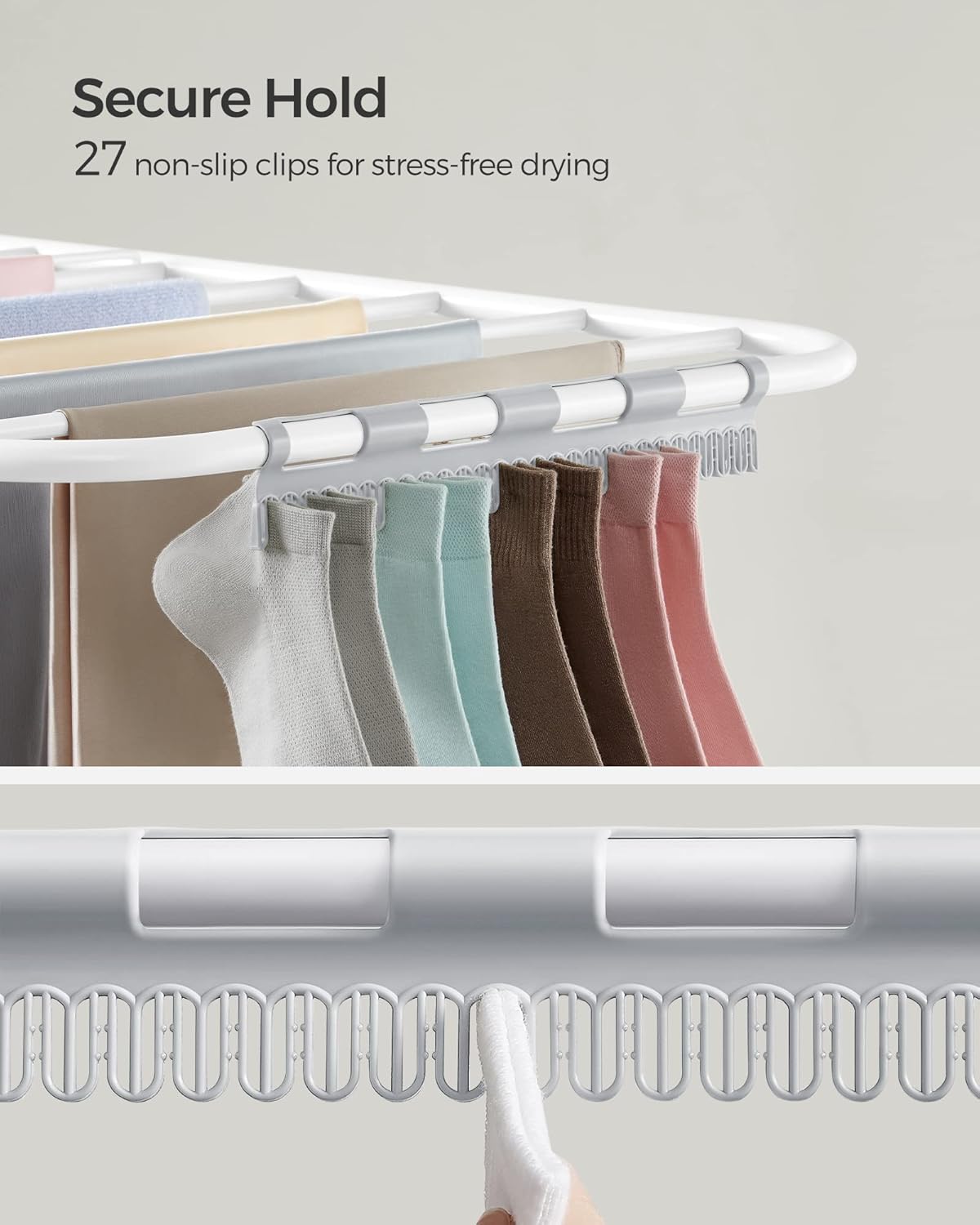 SONGMICS Clothes Drying Rack, Foldable 2-Level Laundry Drying Rack, Free-Standing Laundry Airer, with Height-Adjustable Wings, 33 Drying Rails, Sock Clips, White and Gray ULLR053G01V1