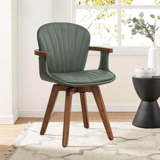 LUNLING Swivel Dining Chairs, Mid Century Modern Green Faux Leather Kitchen Chairs with Arms,Bamboo