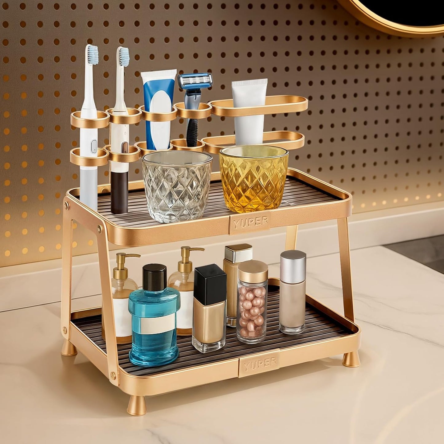 YUPER Bathroom Counter Organizer, 2-Tier Bathroom Organizer Countertop with Toothbrush Holder, Makeup Storage Shelf Vanity Tray Perfume Organizer, Bedroom Kicthen Counter Storage Sink Shelf Gold