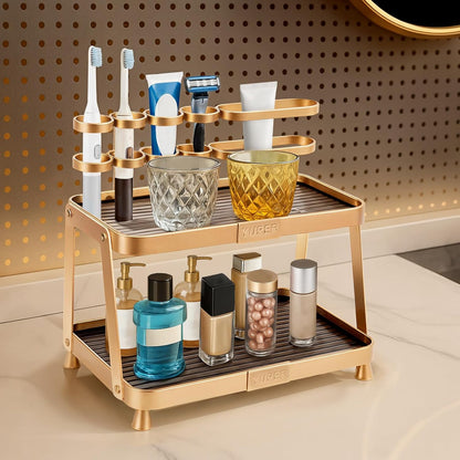 YUPER Bathroom Counter Organizer, 2-Tier Bathroom Organizer Countertop with Toothbrush Holder, Makeup Storage Shelf Vanity Tray Perfume Organizer, Bedroom Kicthen Counter Storage Sink Shelf Gold