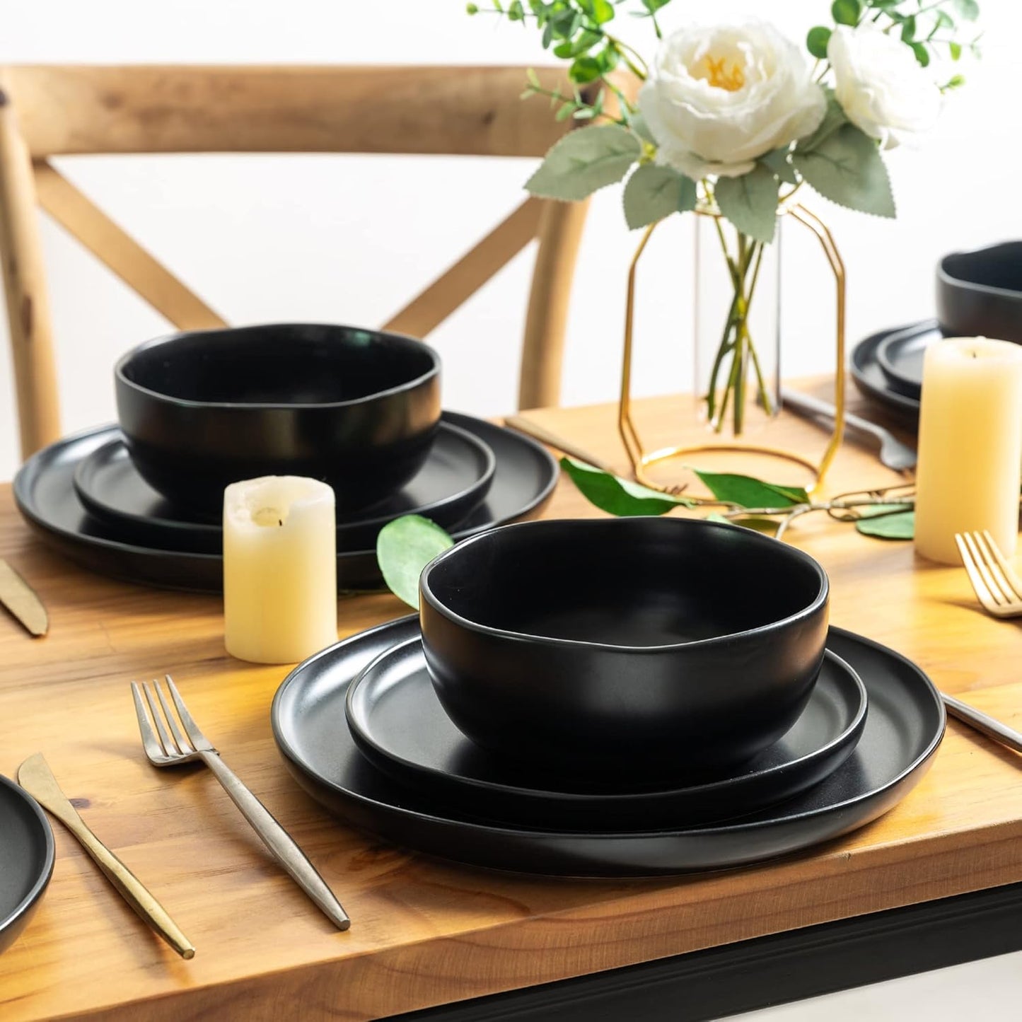 AmorArc Ceramic Dinnerware Sets, Wavy Rim Stoneware Plates and Bowls Sets, Highly Chip and Crack Resistant | Dishwasher & Microwave Dishes set, Service for 4 (12pc)-4 Color