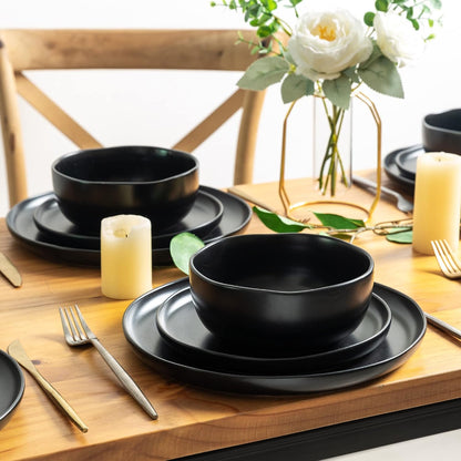 AmorArc Ceramic Dinnerware Sets, Wavy Rim Stoneware Plates and Bowls Sets, Highly Chip and Crack Resistant | Dishwasher & Microwave Dishes set, Service for 4 (12pc)-4 Color