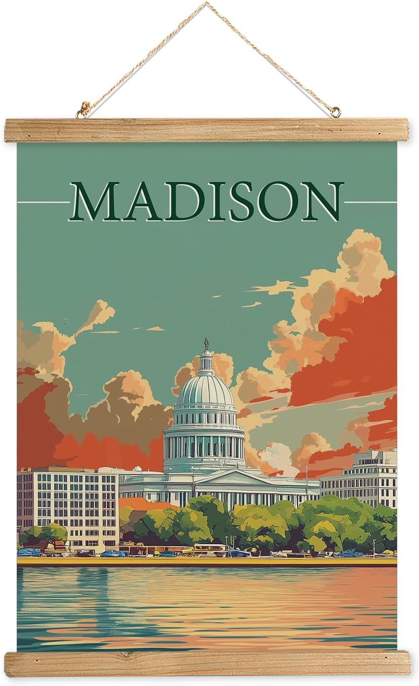 WREVERW Vintage Madison Poster Canvas Print with Wooden Hanger Frame, Featuring the Iconic Wisconsin State Capitol and Lakeside View, Wall Art for Home and Office Decor, 16x23 inches