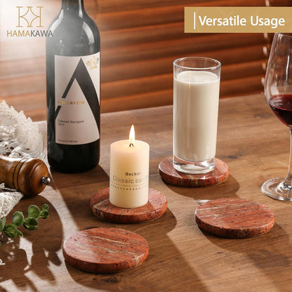 Real Natural Marble Coasters Set of 4, Modern Red Stone 4 Inch, Round Travertine Drink Coasters for Home Decor, Coffee Table, Office