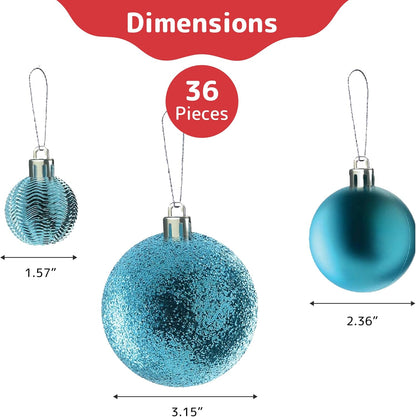 Prextex Christmas Tree Ornaments - Blue Christmas Ball Ornaments Set for Christmas, Holiday, Wreath & Party Decorations (36 pcs - Small, Medium, Large) Shatterproof