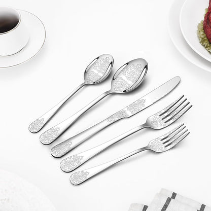 20 Pcs Silverware Set for 4 with Classical Flower Embossed Design, Food Grade Stainless Steel Flatware Set, Eating Utensils Sets Include Fork/Knife/Spoon, Reusable Cutlery Set, Dishwasher Safe