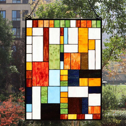 Bieye Geometric Color Block Tiffany Style Stained Glass Window Panel with Hanging Chain (18x25 inches W10092)