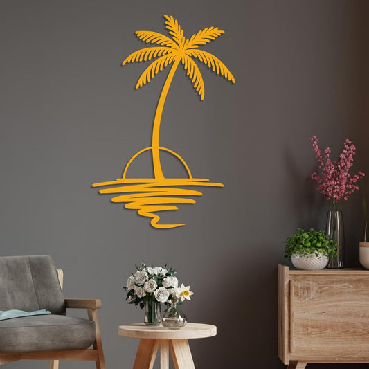Metal Palm Tree with Sunset Wall Art, Large Outdoor Wall Decor, Tropical Beach Coastal Decor for Living Room, Bedroom, Garden Home Wall Sign, Perfect Metal Wall Art for Beach House, Coastal Theme, and Home Decoration (Gold, 32 x 26 inches)