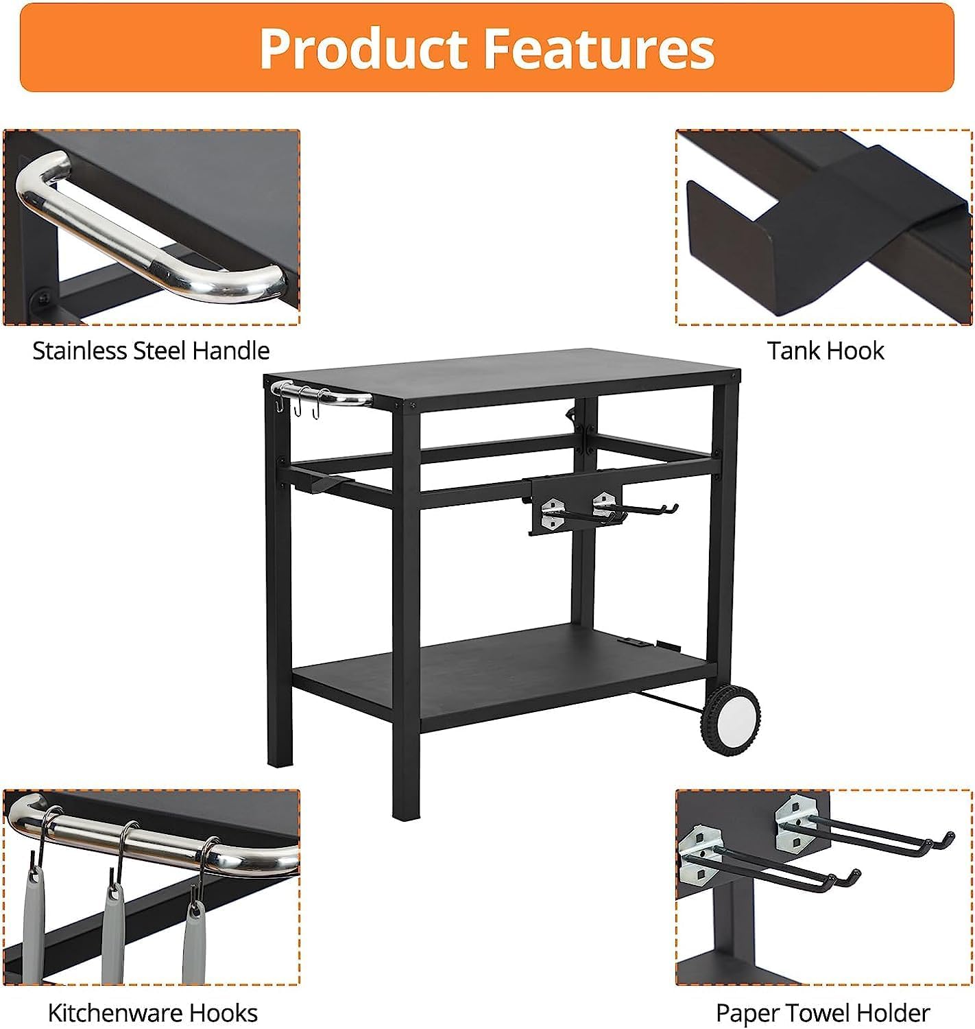 Bar Cart, Outdoor Grill Cart, Pizza Oven Stand, BBQ Prep Table with Wheels & Hooks, Side Handle, Double-Shelf Grilling Cart, Tabletop Griddle Cooking Station for Bar, Patio, Kitchen (Black)