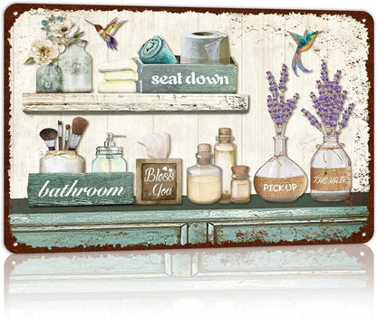 Vintage Farmhouse Bathroom Metal Tin Signs Rustic Flower Country Wall Art Decor 8X12 Inches