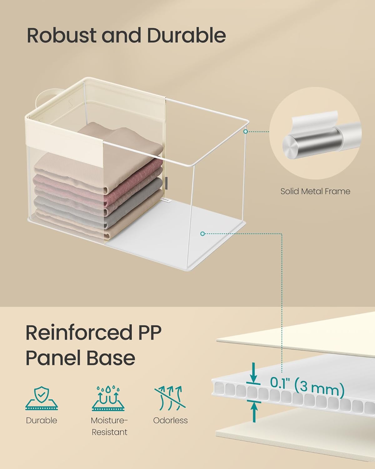 SONGMICS Storage Bins Set of 3, Large Fabric Storage Baskets, Foldable Organizer with Transparent Nylon Mesh, 19.7 x 11.8 x 11.8 Inches, Handles, for Bedroom, Living Room, Cream White URFB950W01