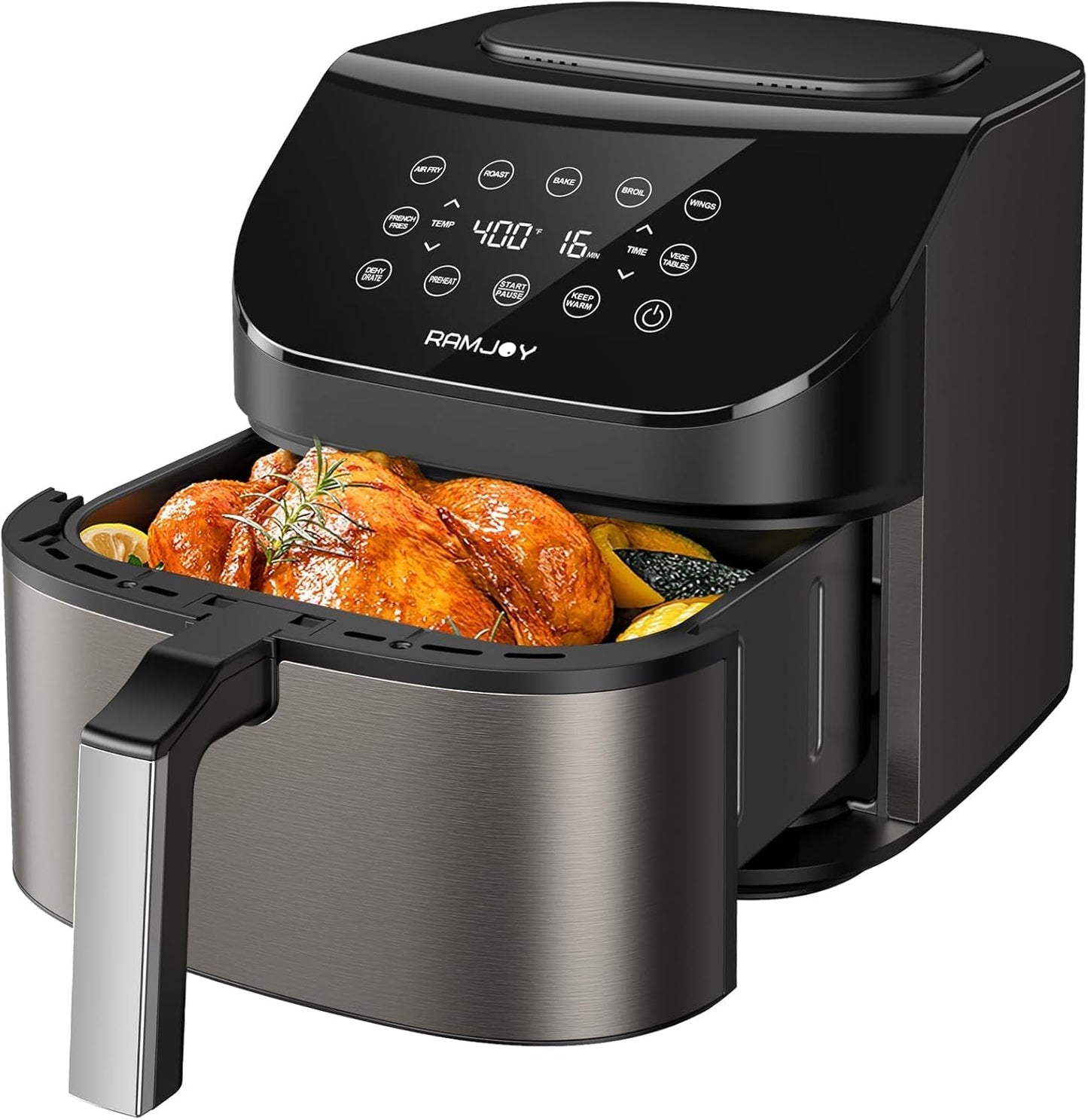 Air Fryer 6.8 Quarts, 10-in-1 Functions, Air Fry, Roast, Bake, Broil, Dehydrate, Large & Compact Air Fryers, Nonstick & Dishwasher-Safe Airfryer Basket, Stainless Steel Air Fryer, Metal Grey
