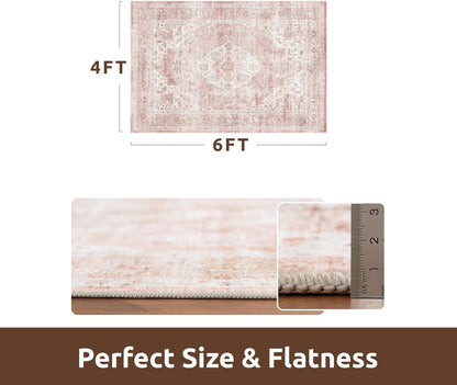 AMOAMI 4x6 Soft Vintage Area Rug - Non-Slip Washable Rug for Living Room, Bedroom, Dining Room, Office - Pink