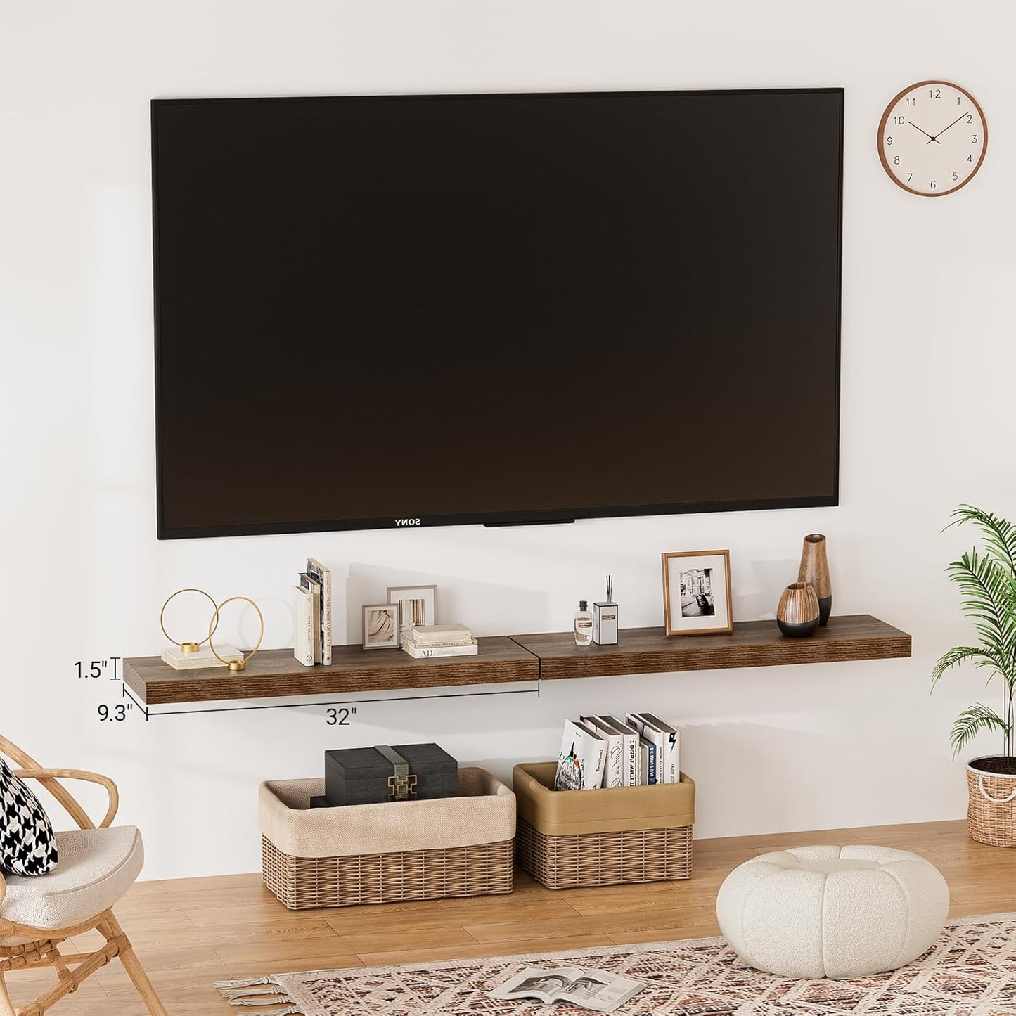 Heimlove 32 Inch Floating Shelves for Wall,Walnut 9.3" Deep Floating Shelf Set of 2,Wall Mounted Shelves for Bathroom Bedroom Living Room Kitchen Office,Shelf for Books Storage Room,Home Decor