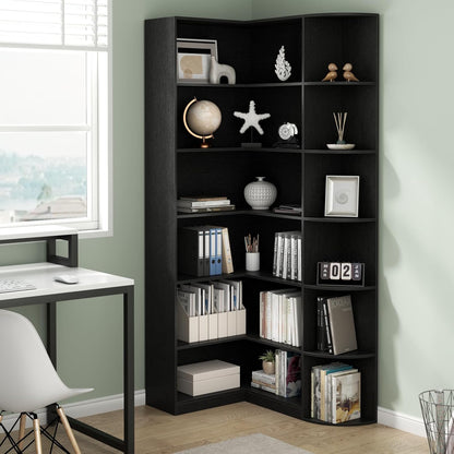 Loomie Black Book Shelf, 6 Tiers Shelf Large Tall Corner Etagere Bookcase with Full Baffle, L-Shaped Modern Storage Display Industrial Bookshelves for Bedroom, Home Office, Living Room & Kitchen,Black