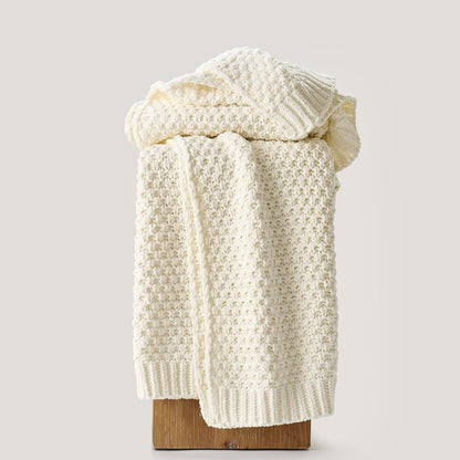 Chunky Chenille Knit Throw Blanket for Couch, Soft Luxurious Moss Stitch Blankets for Bed, Cozy Decorative Farmhouse Knitted Throws for Sofa, Ivory White, 50" x 60"