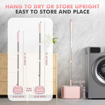 Upgraded Spin Mop and Bucket Set Self-Standing Mop Bucket Separate Dirty and Clean Water System Self Wringing 360° Rotating 90° Foldabl Mops and Buckets for Floor Cleaning (Pink, 6Pads)