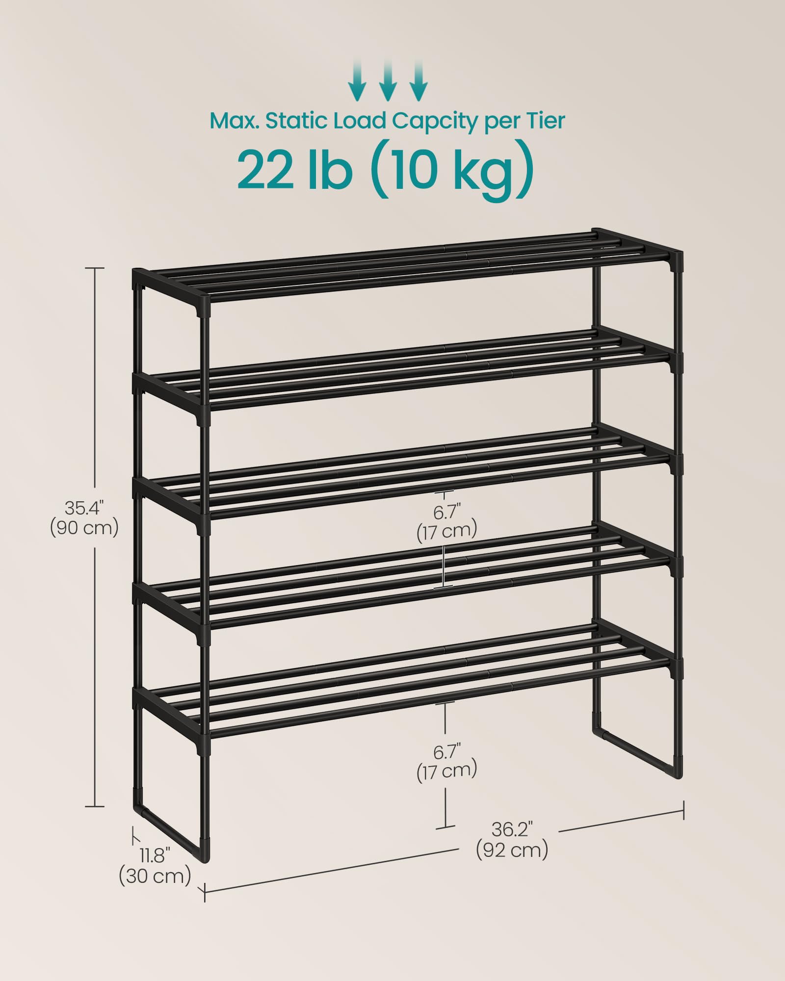 SONGMICS Shoe Rack, 5-Tier Shoe Organizer, Metal Storage Shelf, Upright or Upside Down, for 20-25