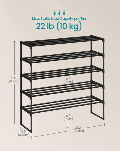 SONGMICS Shoe Rack, 5-Tier Shoe Organizer, Metal Storage Shelf, Upright or Upside Down, for 20-25