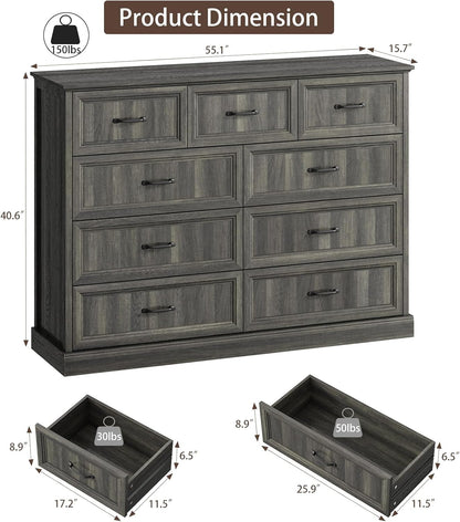 CARPETNAL Farmhouse 9 Drawer Dresser for Bedroom, 55 Inch Wide Modern Grey Dresser TV Stand with Large Drawers & Bar Handles, Rustic Wood Chest of Drawers for Bedroom, Living Room, Hallway, Entryway.