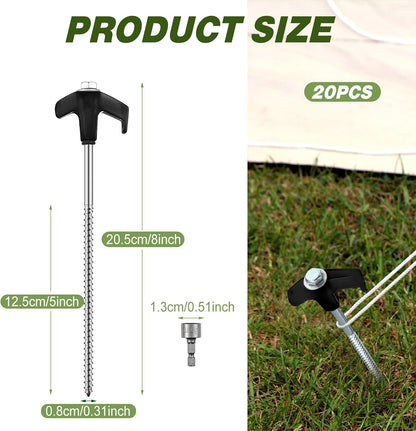 Hicarer 20 Pcs 20 Pcs 8'' Screw in Tent Stakes Heavy Duty Ground Metal Stakes for Inflatables with Hex Head Driver for Outdoor Camping Tent Inflatable Garden Decor (Black)