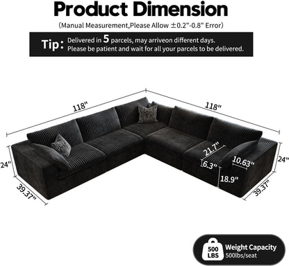 118" Cloud Couch Oversized Modular Sectional Sofa for Living Room,Modern Sofa with Deep Seat，V Shaped Boneless Couch,Comfy Upholstered Corduroy Couches for Apartment, Studio, Office,Bedroom，Black
