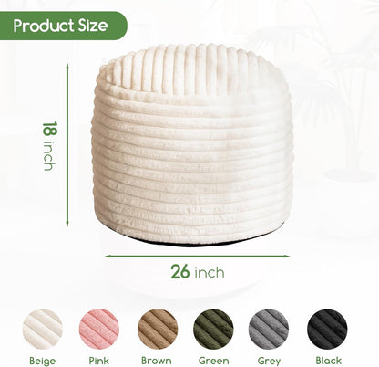 HIGOGOGO Round Stuffed Pouf Ottoman, Stripe Faux Fur Poufs with Foam Chunk Filling, Furry and Fluffy Pouf Foot Stool Storage Ottoman, 26 X 18 Floor Poufs Foot Rest for Living Room, Beige